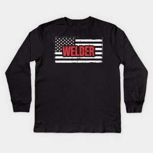 Welder American Flag | Welding Gift Kids Long Sleeve T-Shirt